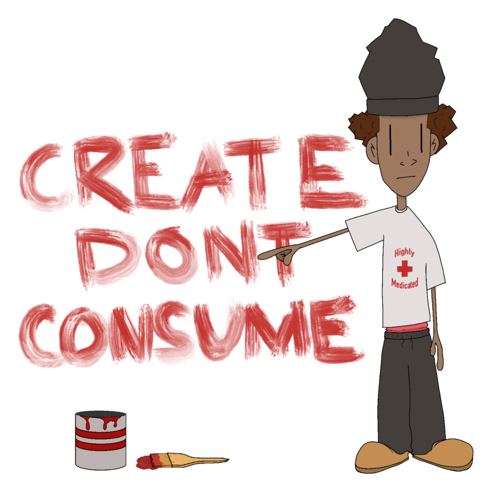 Illustration of a figure in a beanie pointing at the words CREATE DON'T CONSUME painted in red on a wall, with a paint can and brush on the ground
