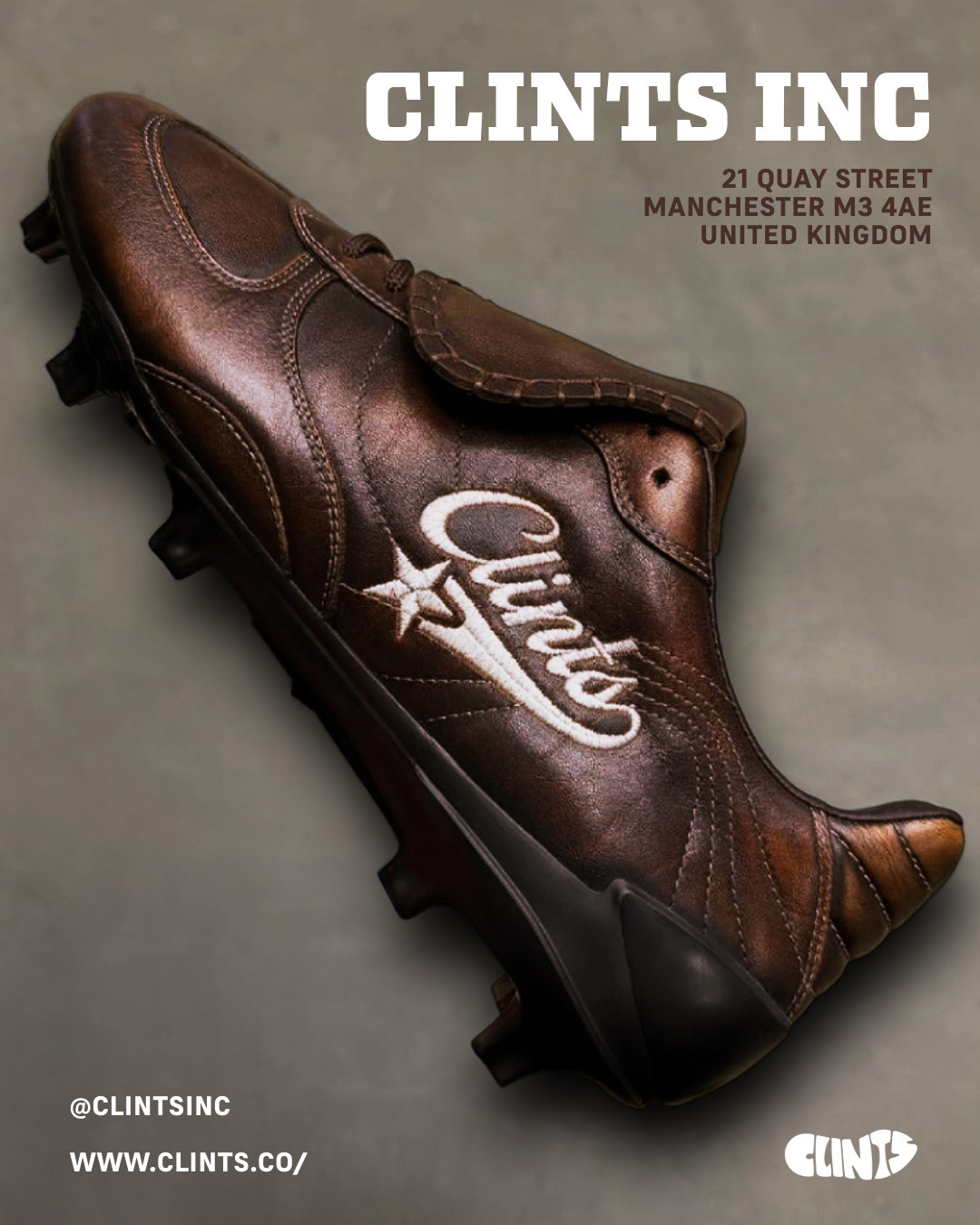 Clints Inc poster showing a leather football boot with the Clints wordmark