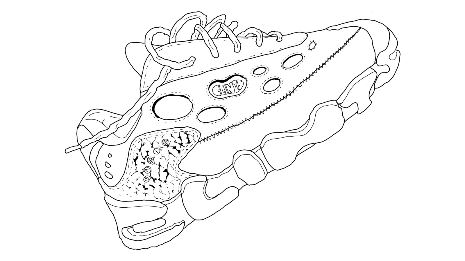 Line drawing of a CLINTS sneaker in black outline