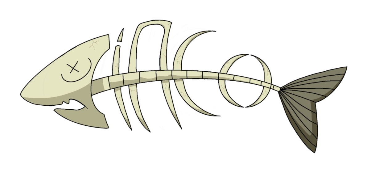 Illustration of a fish skeleton whose ribs and spine spell out CINCO