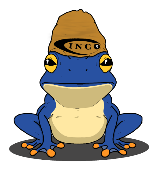 Illustration of a blue poison dart frog wearing a tan INC 5 cap