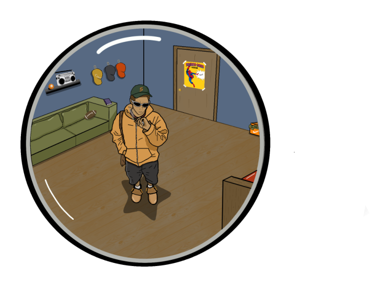 Fisheye view of a figure standing in a bedroom, drawn inside a circular lens