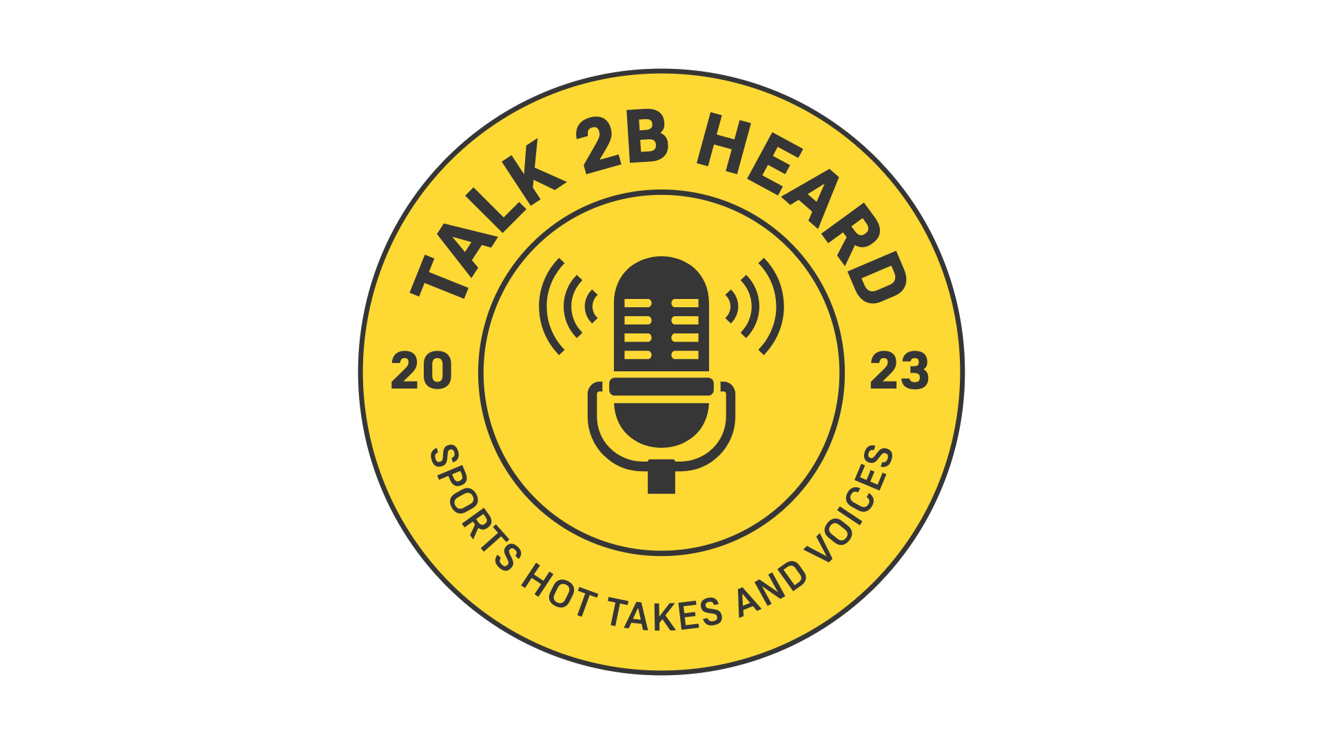 Talk 2B Heard emblem: a yellow badge carrying a microphone, the wordmark and the year 2023